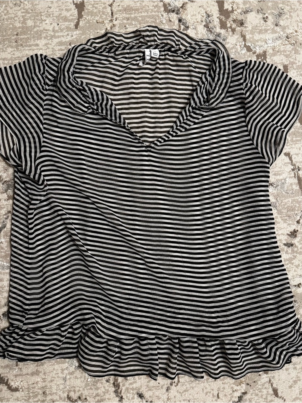 ELLE sheer Striped Black and White Ruffle Hem Women's Top- Large